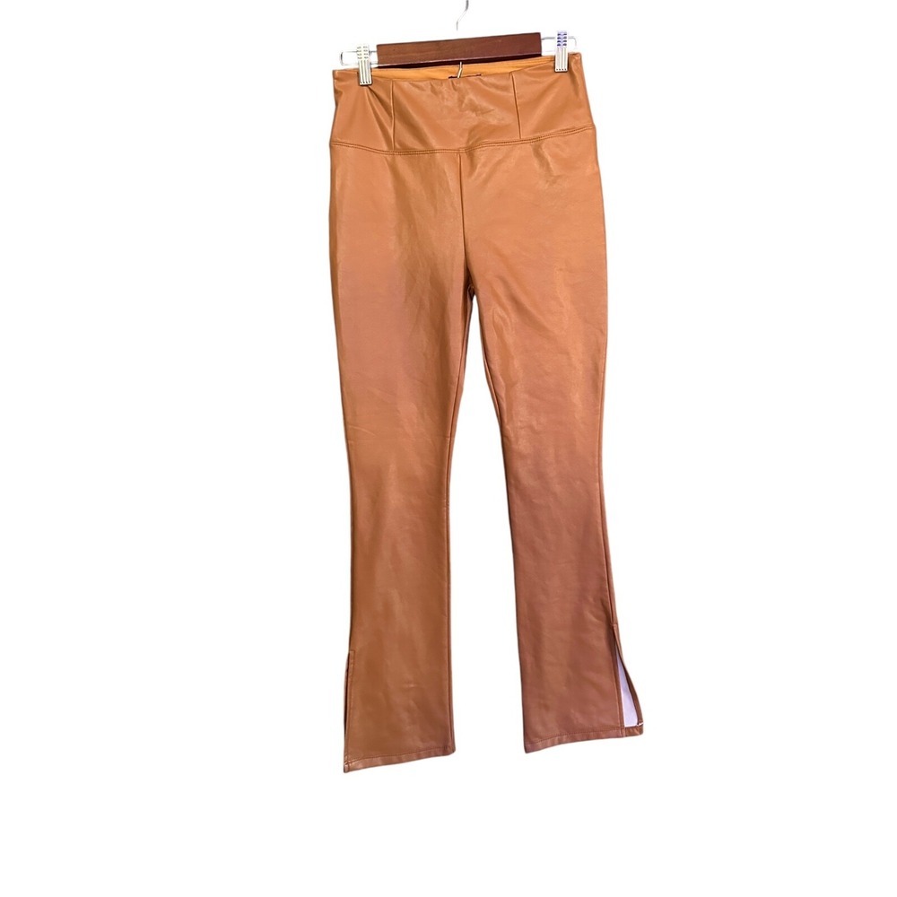 Shinestar Brown Faux Leather Pants Women's Medium Side Slit Pull on